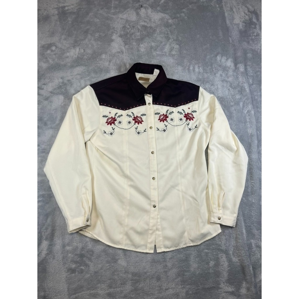 Vtg 90s Ivory Wrangler Western Pearl Snap Shirt Womens L Embroidered Studded